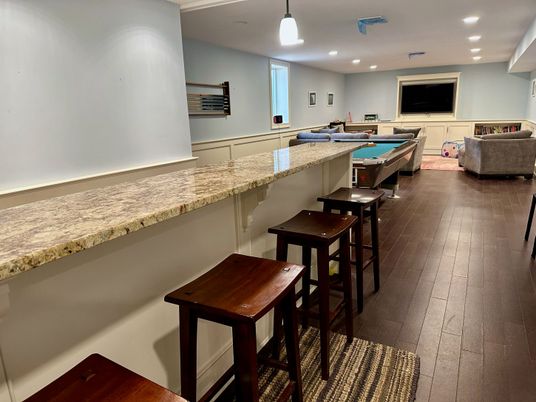 Billiard Table, Game Room, Interior, Pendant Lights, Recessed Lighting, Wood Texture Flooring