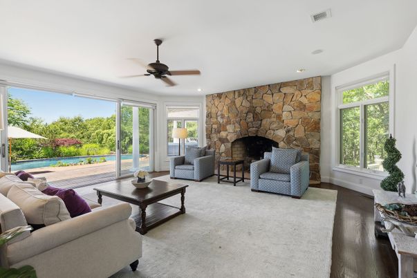 Fireplace, Interior, Living room, Recessed Lighting, Stone Walls