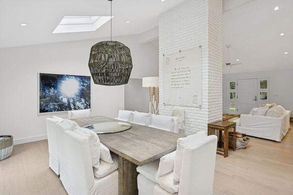 Dining room, Interior, Living room, Pendant Lights, Recessed Lighting, Wood Texture Flooring