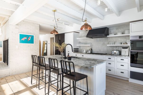 Interior, Kitchen, Pendant Lights, Stainless Steel Appliances, Stone Walls, Wood Texture Flooring