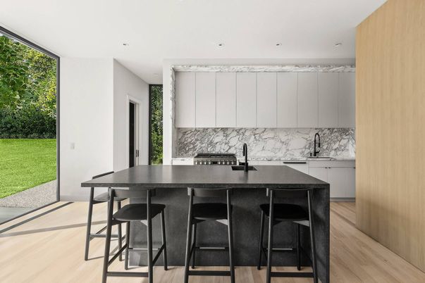 Interior, Kitchen, Marble Walls, Recessed Lighting, Wood Texture Flooring