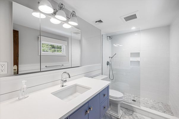 Bathroom, Glass Shower, Interior, Marble, Recessed Lighting