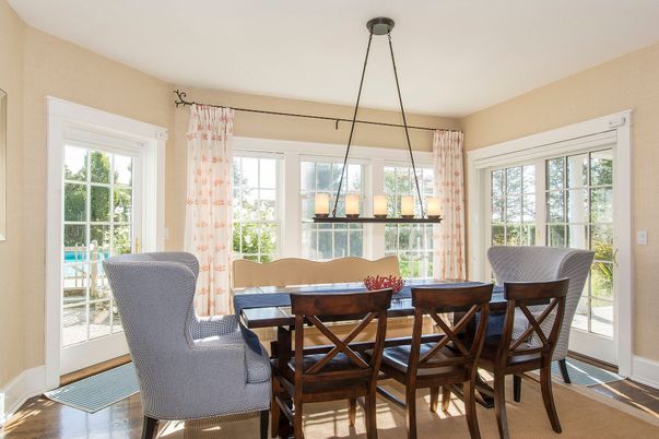 Dining room, Interior, Pendant Lights, Wood Texture Flooring