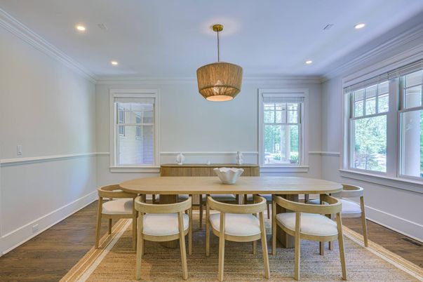 Dining room, Interior, Pendant Lights, Recessed Lighting, Wood Texture Flooring
