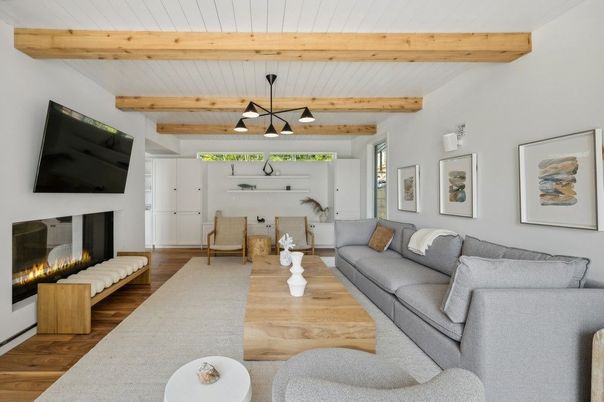 Fireplace, Interior, Living room, Pendant Lights, Wooden Beams, Wood Texture Flooring