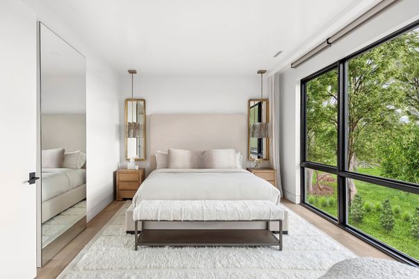 Bedroom, Interior, Pendant Lights, Wood Texture Flooring