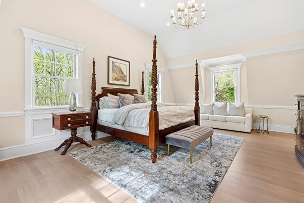 Bedroom, Chandelier, Interior, Recessed Lighting, Wood Texture Flooring