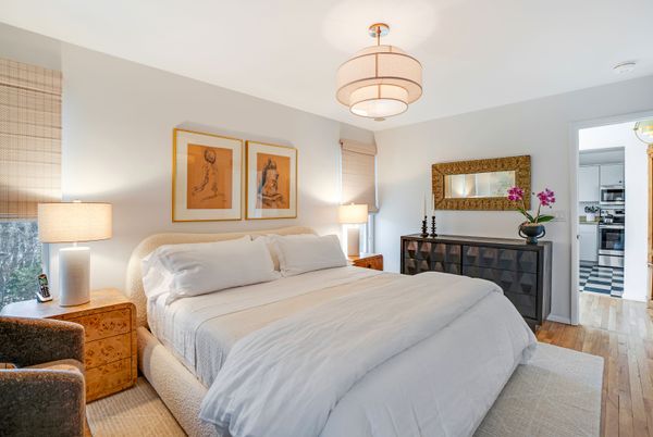 Bedroom, Interior, Pendant Lights, Wood Texture Flooring