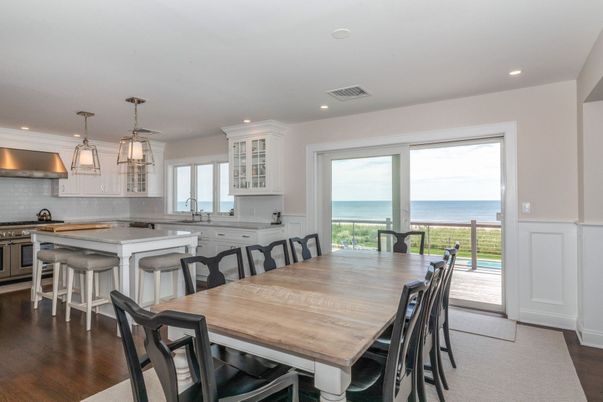 Dining room, Interior, Kitchen, Pendant Lights, Recessed Lighting, Water, Wood Texture Flooring