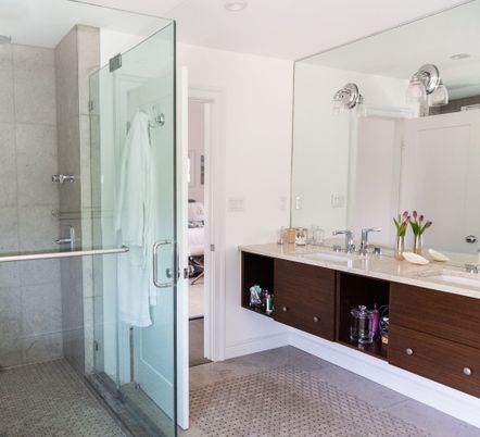 Bathroom, Dual Sink Vanities, Glass Shower, Interior, Recessed Lighting