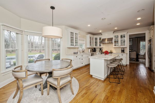 Dining room, Interior, Kitchen, Pendant Lights, Recessed Lighting, Stainless Steel Appliances, Wood Texture Flooring