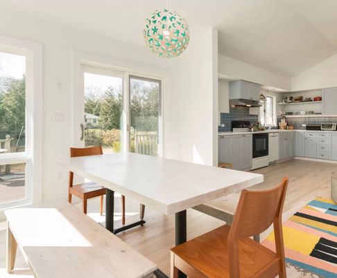 Dining room, Interior, Kitchen, Pendant Lights, Wood Texture Flooring