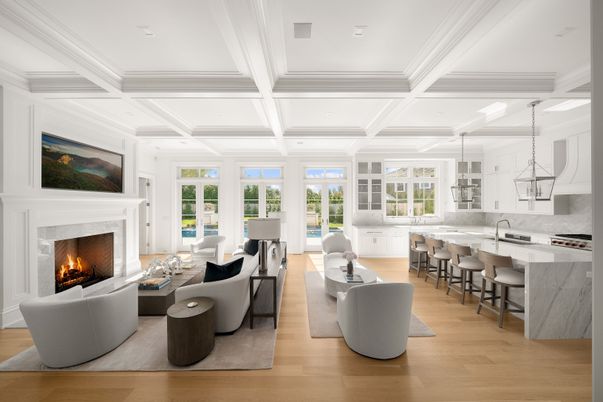 Fireplace, Interior, Kitchen, Living room, Pendant Lights, Recessed Lighting, Wood Texture Flooring