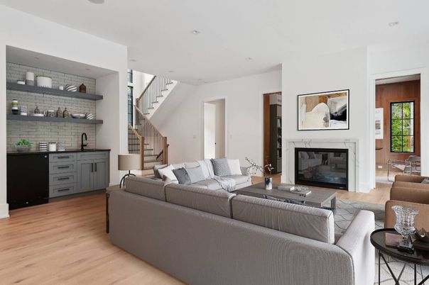 Fireplace, Interior, Living room, Recessed Lighting, Wood Texture Flooring