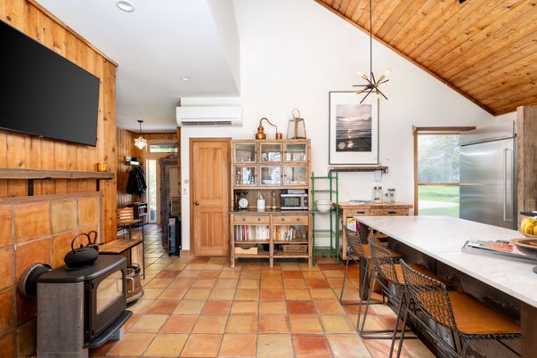 Interior, Kitchen, Pendant Lights, Recessed Lighting, Stainless Steel Appliances, Wooden Ceilings, Wooden Walls