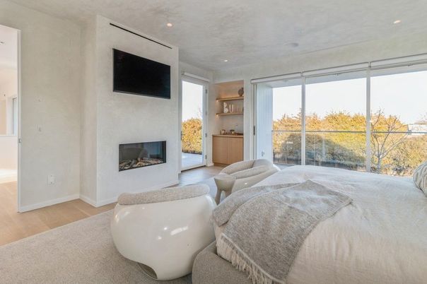 Bedroom, Fireplace, Interior, Recessed Lighting, Wood Texture Flooring