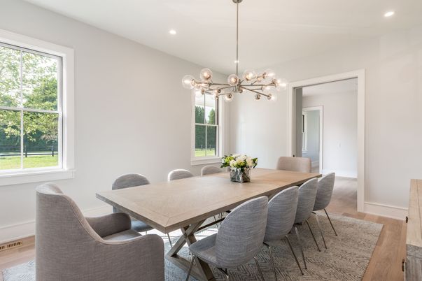 Dining room, Interior, Pendant Lights, Recessed Lighting, Wood Texture Flooring