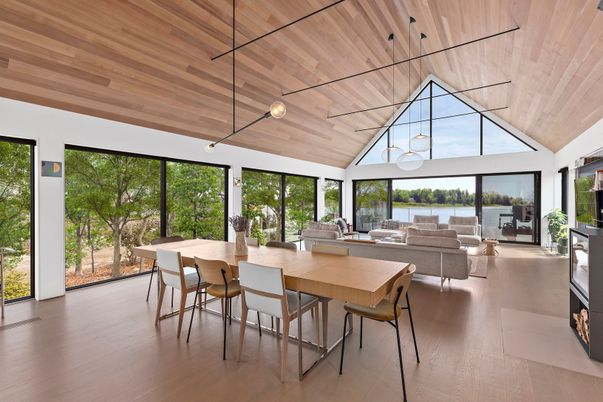 Dining room, Fireplace, Interior, Living room, Pendant Lights, Wooden Ceilings, Wood Texture Flooring