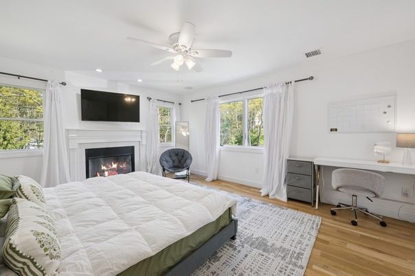 Bedroom, Fireplace, Home Office, Interior, Recessed Lighting, Wood Texture Flooring