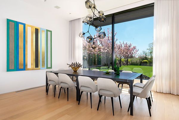 Dining room, Interior, Pendant Lights, Wood Texture Flooring