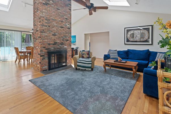 Dining room, Fireplace, Interior, Living room, Stone Walls, Wood Texture Flooring