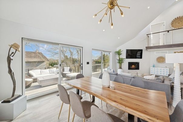 Dining room, Fireplace, Interior, Living room, Pendant Lights, Recessed Lighting, Wood Texture Flooring