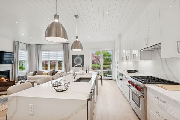 Fireplace, Interior, Kitchen, Living room, Pendant Lights, Recessed Lighting, Stainless Steel Appliances, Wood Texture Flooring