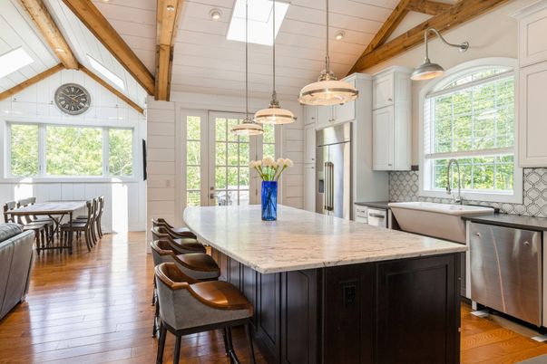 Dining room, Interior, Kitchen, Pendant Lights, Recessed Lighting, Stainless Steel Appliances, Wooden Beams, Wood Texture Flooring