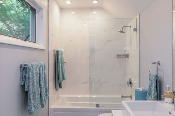 Bathroom, Glass Shower, Interior, Marble Walls, Recessed Lighting