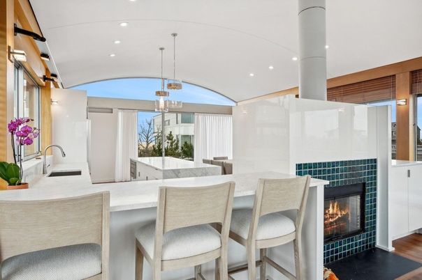 Fireplace, Interior, Kitchen, Pendant Lights, Recessed Lighting