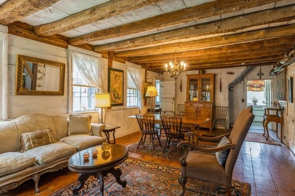 Chandelier, Dining room, Interior, Wooden Beams, Wood Texture Flooring