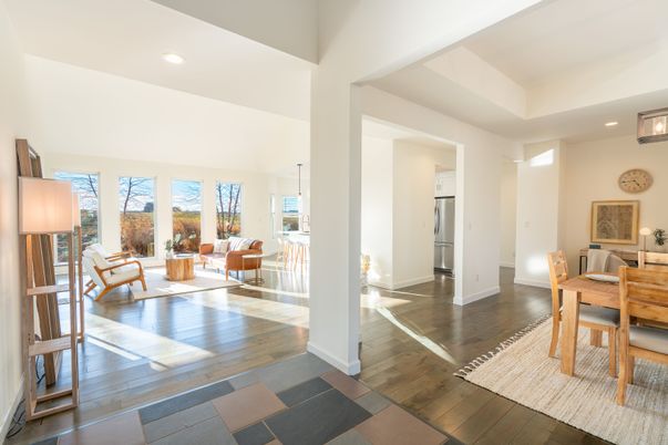 Dining room, Interior, Living room, Recessed Lighting, Wood Texture Flooring