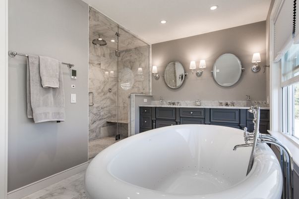 Bathroom, Dual Sink Vanities, Free Standing Baths, Glass Shower, Interior, Marble, Marble Walls, Recessed Lighting