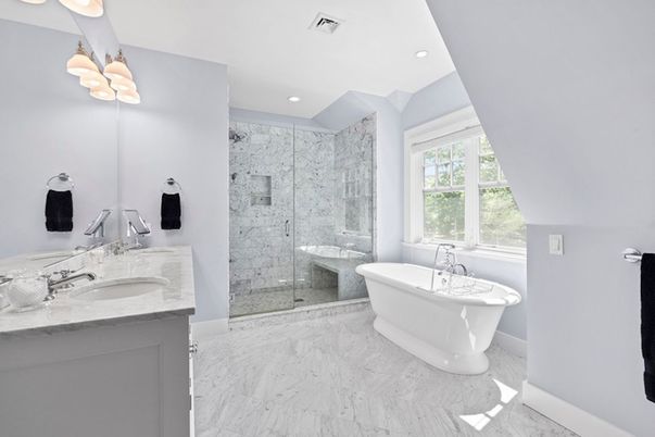 Bathroom, Dual Sink Vanities, Free Standing Baths, Glass Shower, Interior, Marble, Recessed Lighting