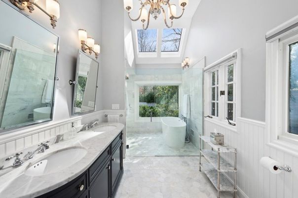 Bathroom, Chandelier, Dual Sink Vanities, Free Standing Baths, Glass Shower, Interior, Marble