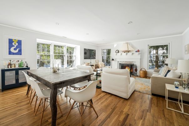 Dining room, Fireplace, Interior, Living room, Pendant Lights, Recessed Lighting, Wood Texture Flooring
