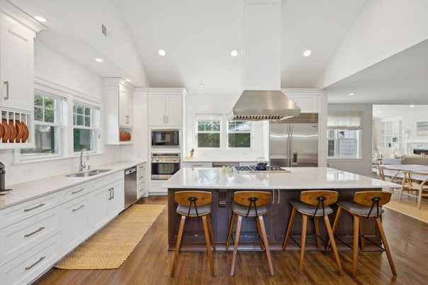 Dining room, Interior, Kitchen, Recessed Lighting, Stainless Steel Appliances, Wood Texture Flooring