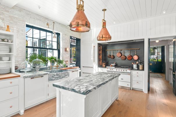 Interior, Kitchen, Pendant Lights, Stainless Steel Appliances, Stone Walls, Wood Texture Flooring