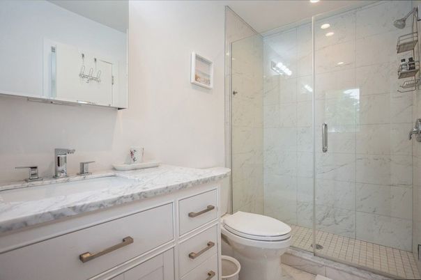 Bathroom, Glass Shower, Interior, Marble, Marble Walls, Recessed Lighting