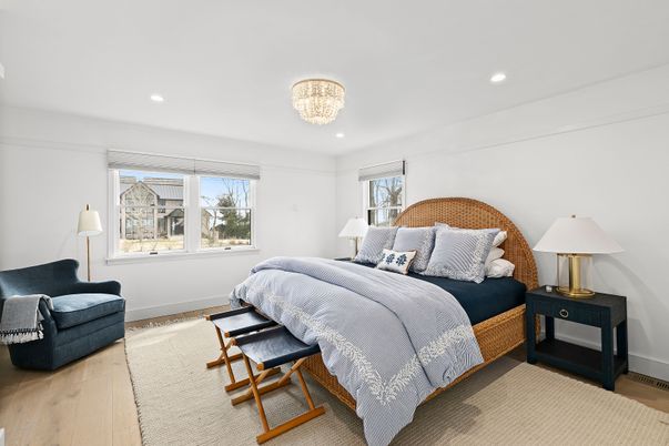 Bedroom, Chandelier, Interior, Recessed Lighting, Wood Texture Flooring