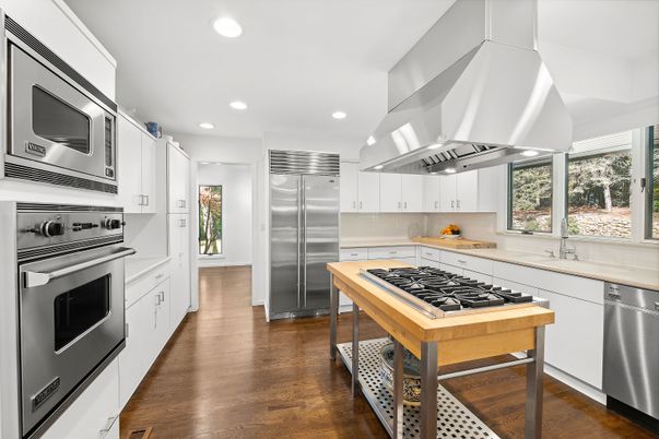 Interior, Kitchen, Recessed Lighting, Stainless Steel Appliances, Wood Texture Flooring