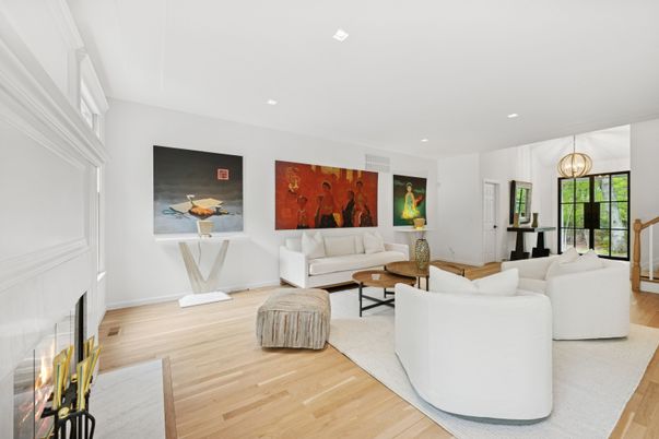 Fireplace, Interior, Living room, Recessed Lighting, Wood Texture Flooring