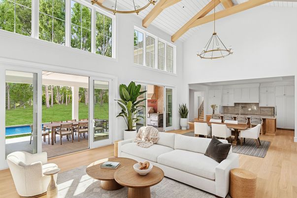 Dining room, Interior, Kitchen, Living room, Pendant Lights, Wooden Beams, Wood Texture Flooring