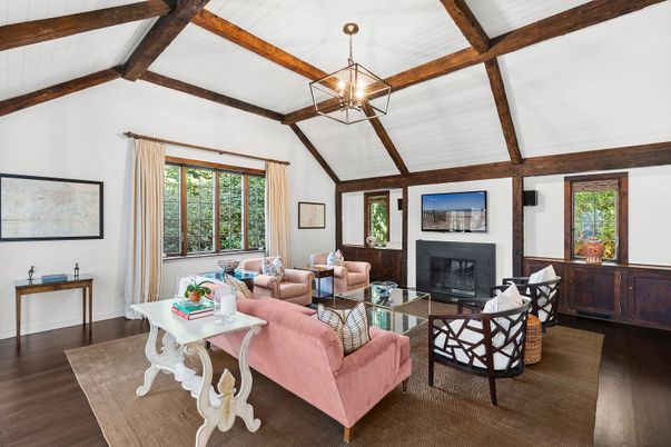 Fireplace, Interior, Living room, Pendant Lights, Wooden Beams, Wood Texture Flooring