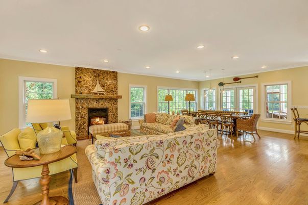 Dining room, Fireplace, Interior, Living room, Pendant Lights, Recessed Lighting, Wood Texture Flooring
