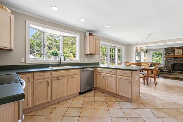 Chandelier, Dining room, Fireplace, Interior, Kitchen, Pendant Lights, Recessed Lighting, Stone Walls