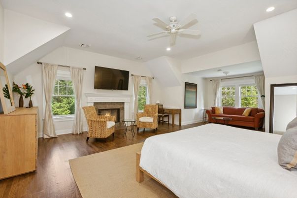 Bedroom, Fireplace, Interior, Recessed Lighting, Wood Texture Flooring