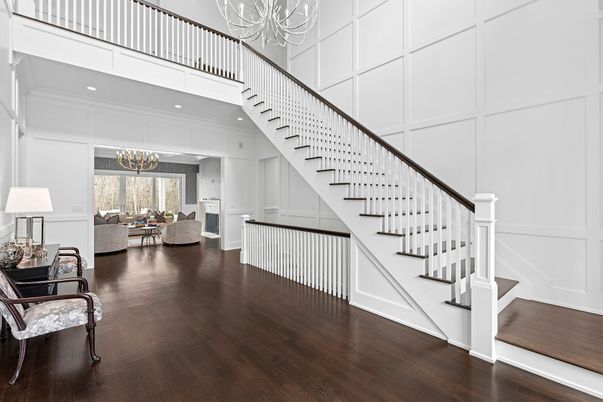 Chandelier, Fireplace, Interior, Living room, Recessed Lighting, Wood Texture Flooring