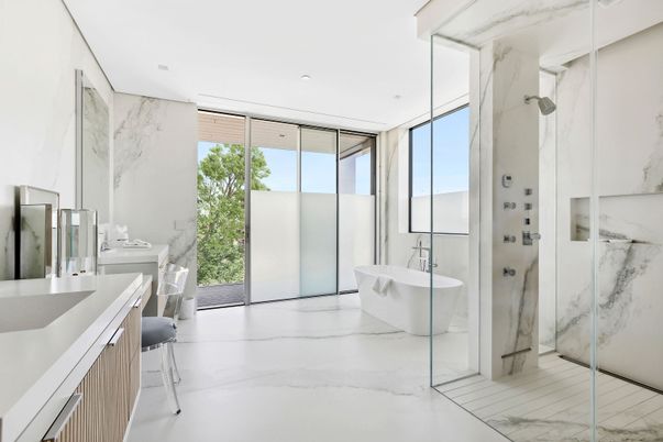 Bathroom, Free Standing Baths, Glass Shower, Interior, Marble, Marble Walls, Recessed Lighting