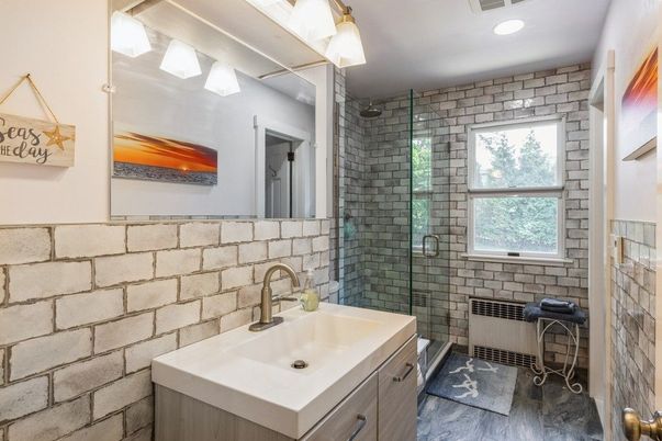 Bathroom, Glass Shower, Interior, Recessed Lighting, Stone Walls